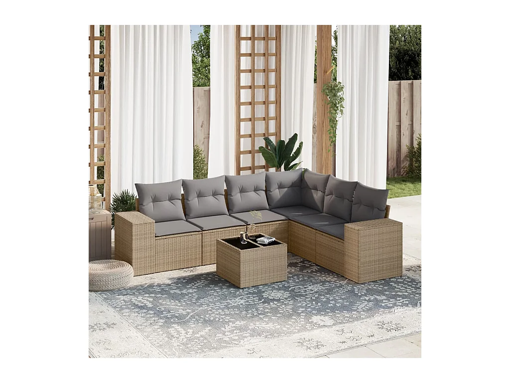 7-delige Loungeset met kussens poly rattan beige