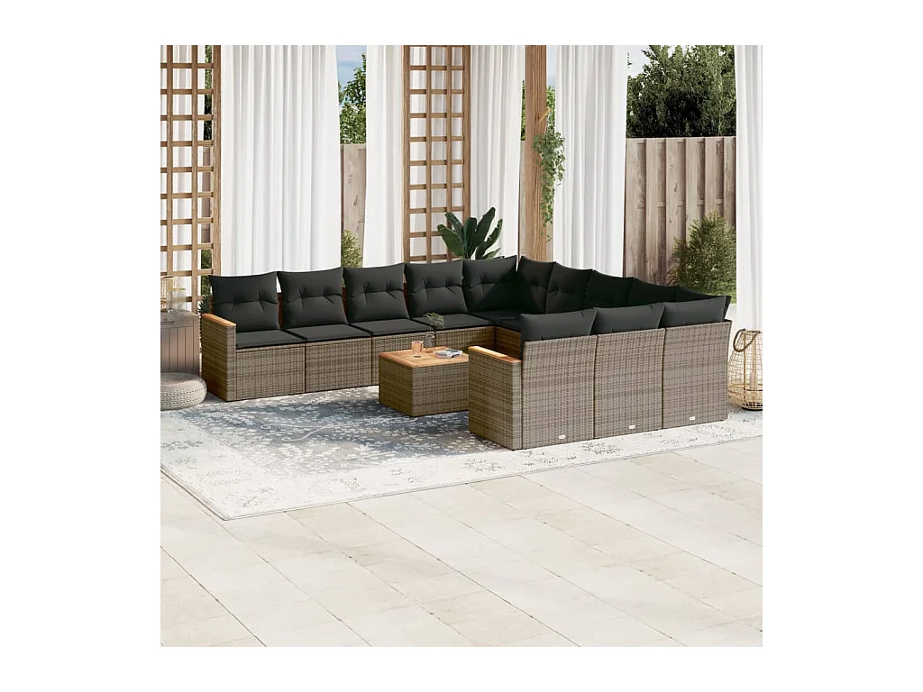 Salon de jardin avec coussins 12 pcs gris résine tressée