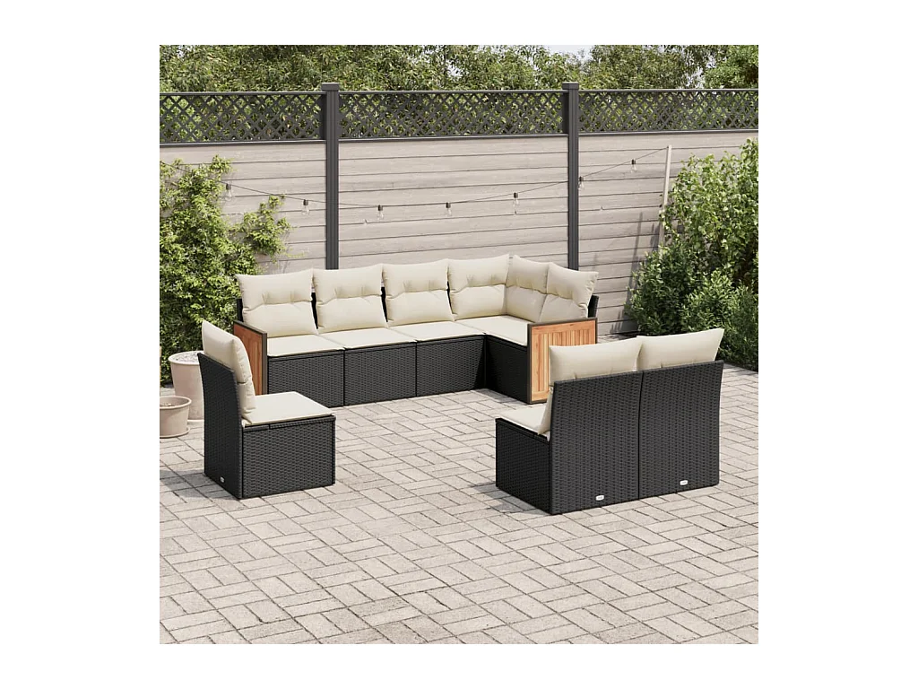8-delige Loungeset met kussens poly rattan zwart