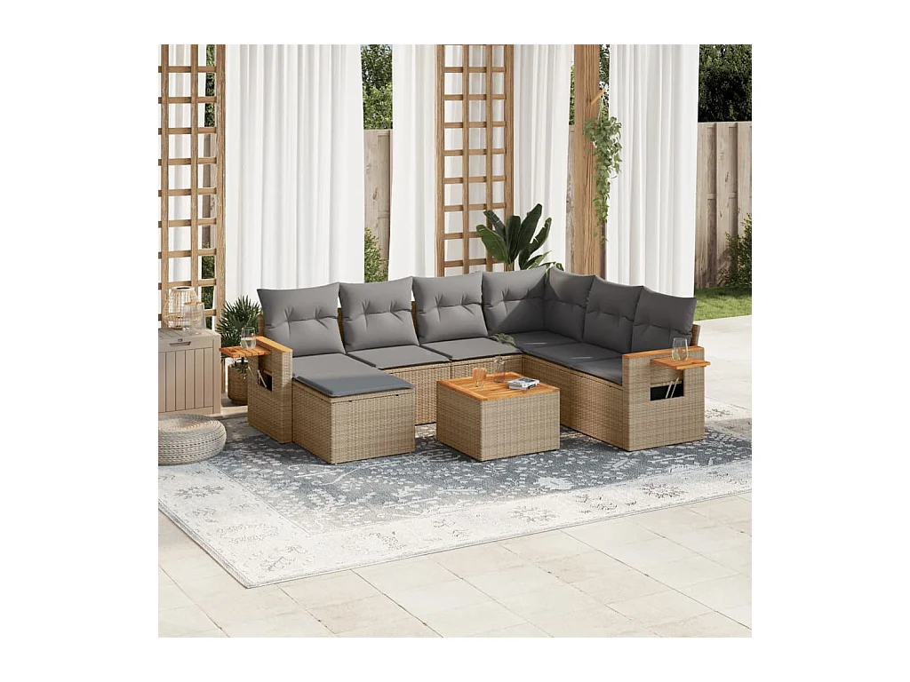 Salon de jardin avec coussins 8 pcs beige résine tressée