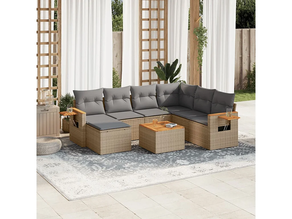 Set Divano da Giardino 8 pz con Cuscini Beige in Polyrattan