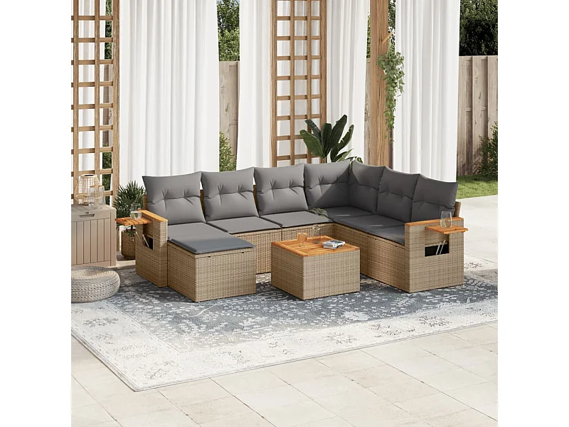 Set Divano da Giardino 8 pz con Cuscini Beige in Polyrattan