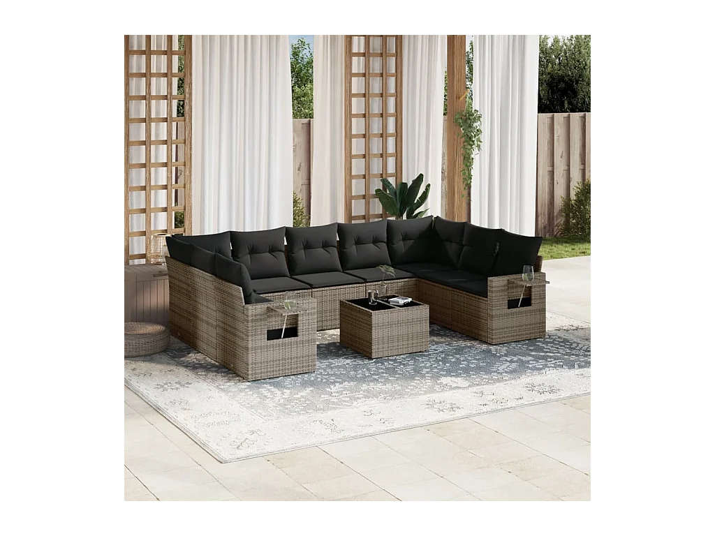 10-tlg. Garten-Sofagarnitur mit Kissen Grau Poly Rattan