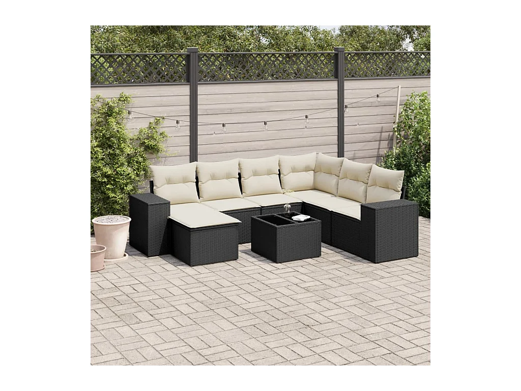 Salon de jardin 8 pcs avec coussins noir résine tressée