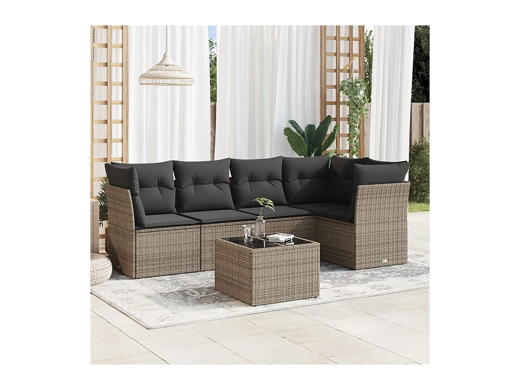 6-delige Loungeset met kussens poly rattan grijs