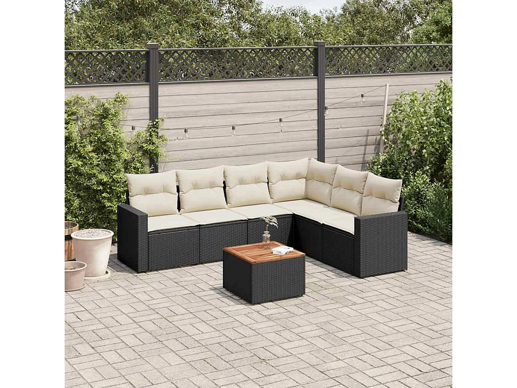 Salon de jardin 7 pcs avec coussins noir résine tressée