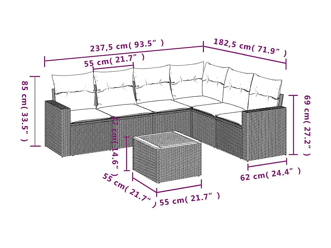 Salon de jardin 7 pcs avec coussins noir résine tressée
