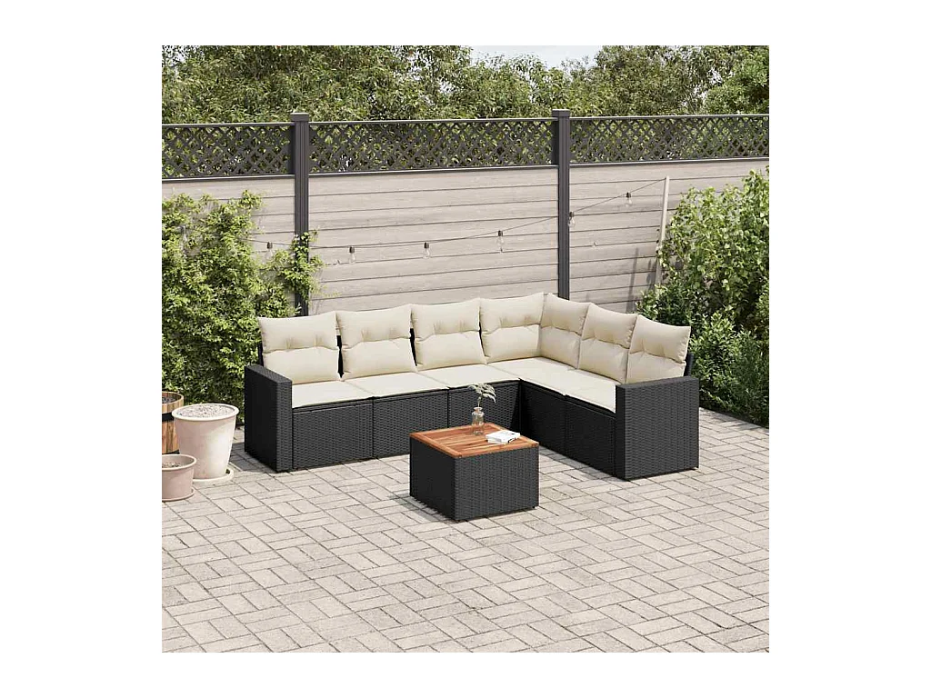 Set de comedor de jardín 7 pzas y cojines ratán sintético negro