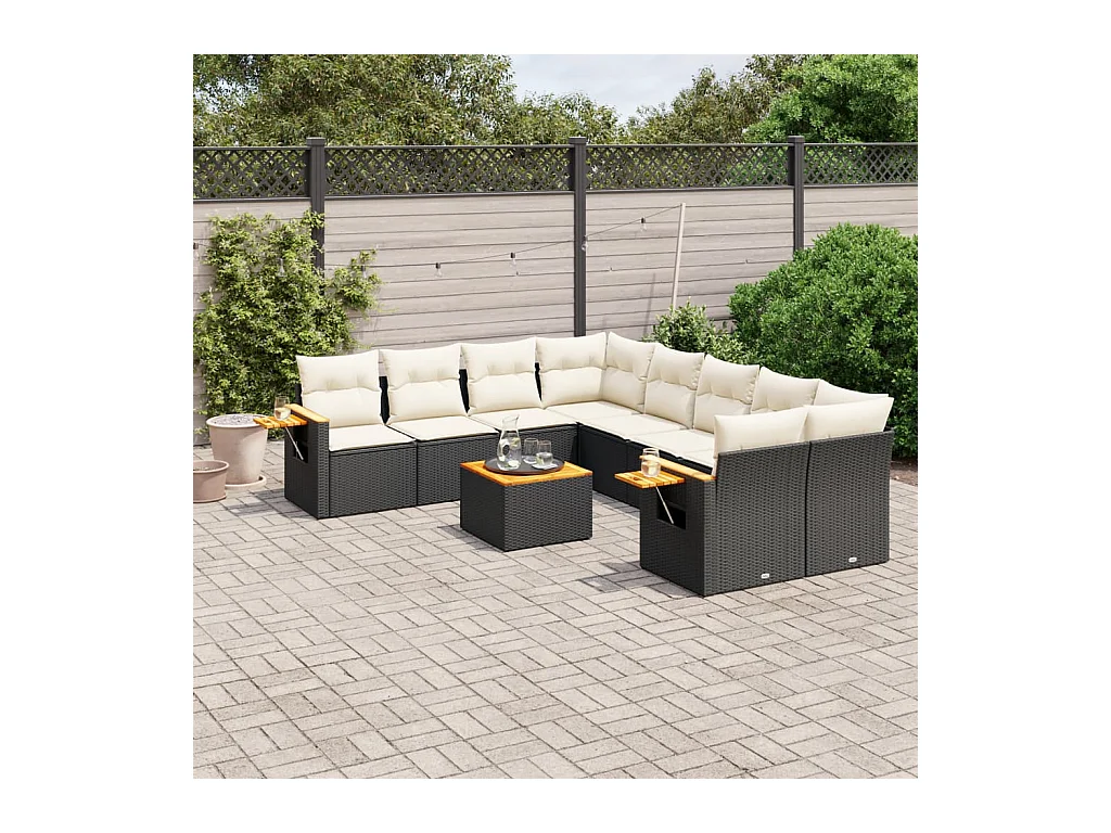 Salon de jardin 9 pcs avec coussins noir résine tressée