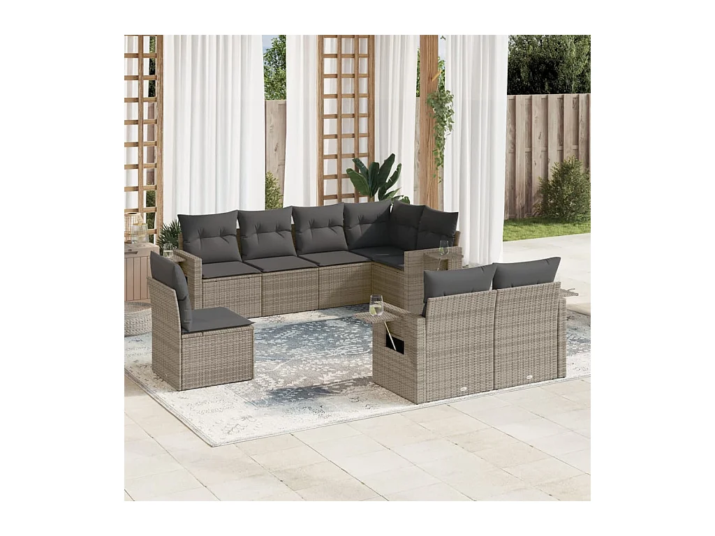 8-tlg. Garten-Sofagarnitur mit Kissen Grau Poly Rattan