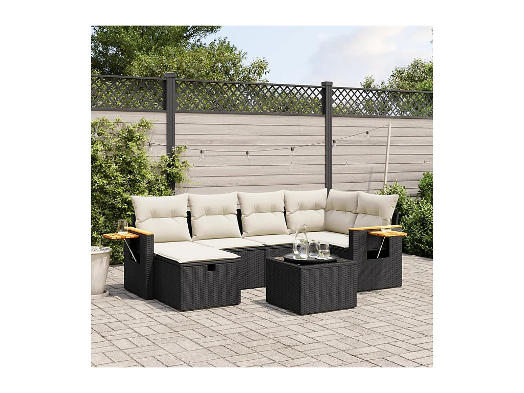 Salon de jardin 7 pcs avec coussins noir résine tressée