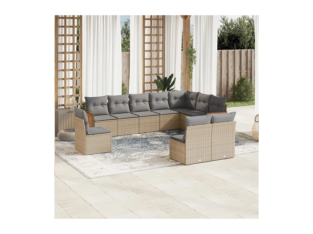 10-tlg. Garten-Sofagarnitur mit Kissen Beige Poly Rattan