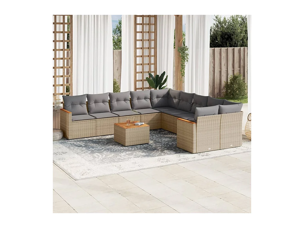 Salon de jardin 11 pcs avec coussins beige résine tressée