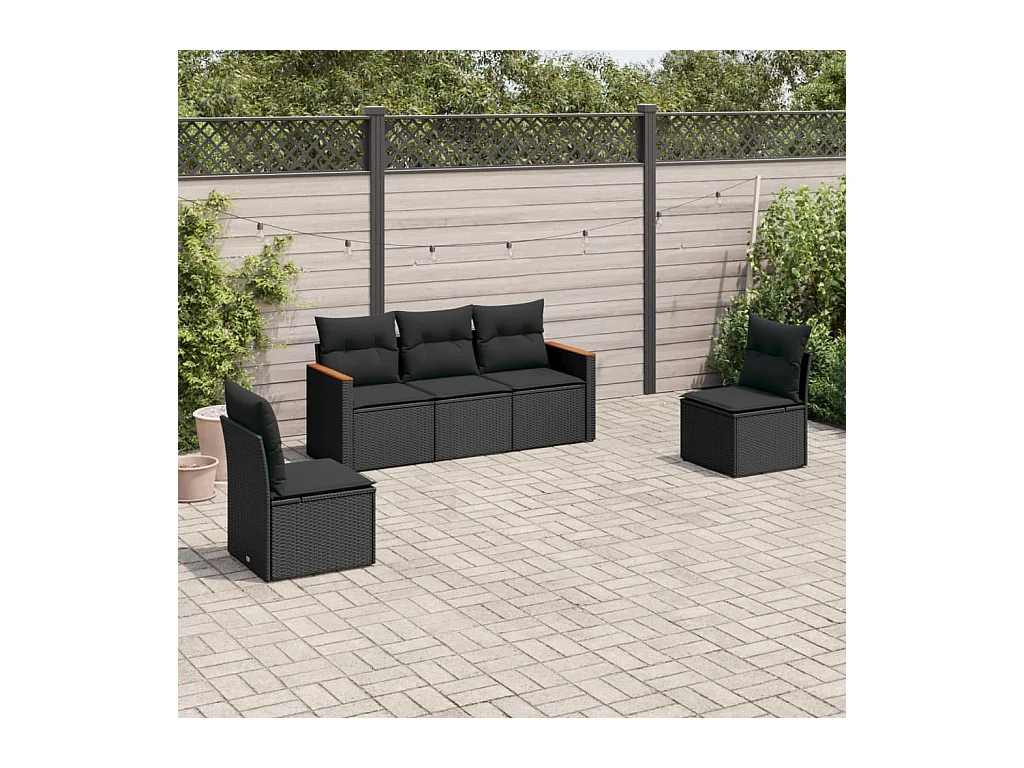 5-delige Loungeset met kussens poly rattan zwart