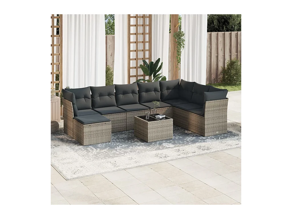 Salon de jardin 9 pcs avec coussins gris résine tressée
