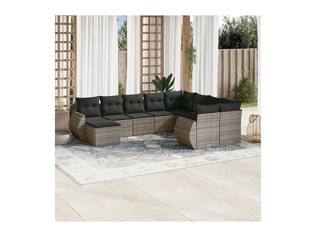 Salon de jardin avec coussins 10 pcs gris résine tressée