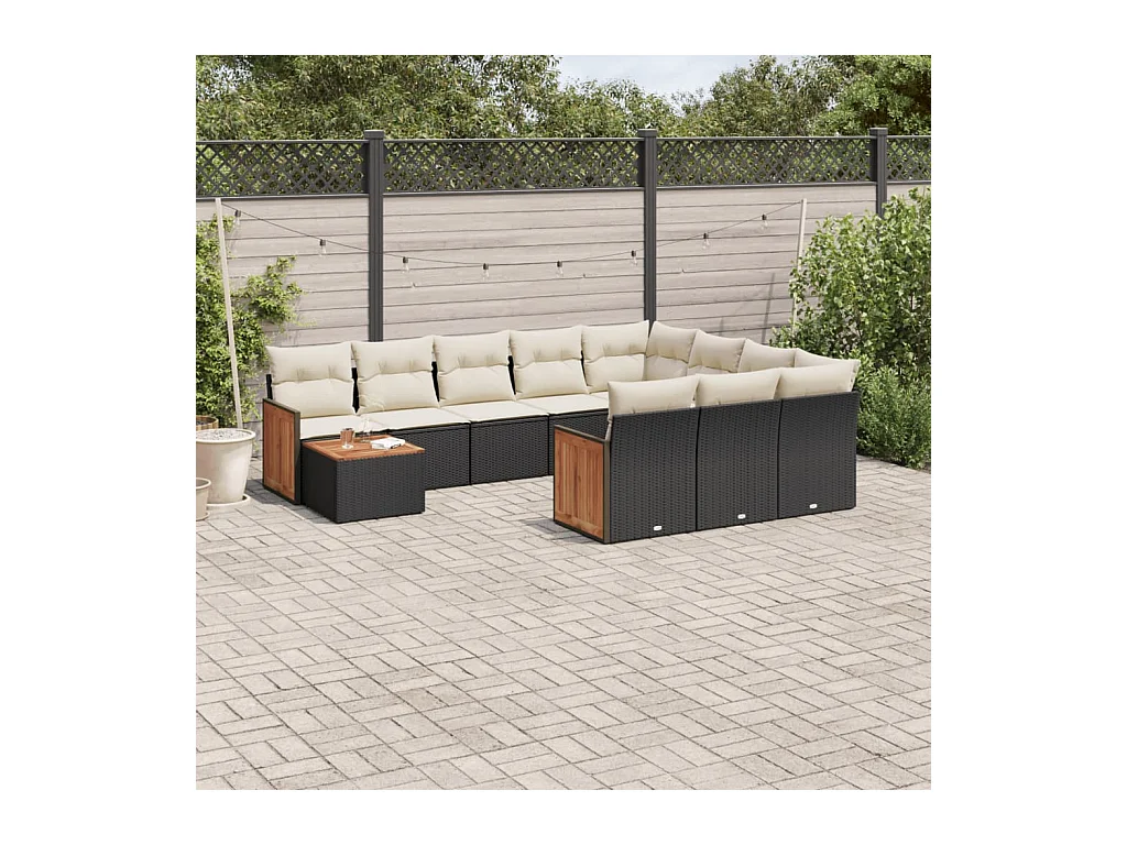 Set de sofás de jardín 11 pzas y cojines ratán sintético negro