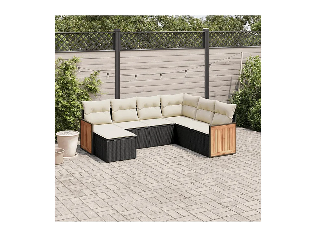 Salon de jardin 7 pcs avec coussins noir résine tressée