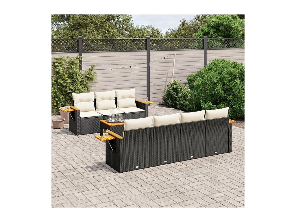 8-delige Loungeset met kussens poly rattan zwart