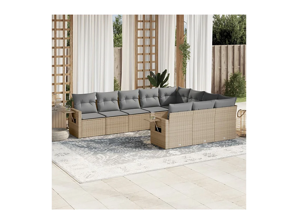 10-delige Loungeset met kussens poly rattan beige