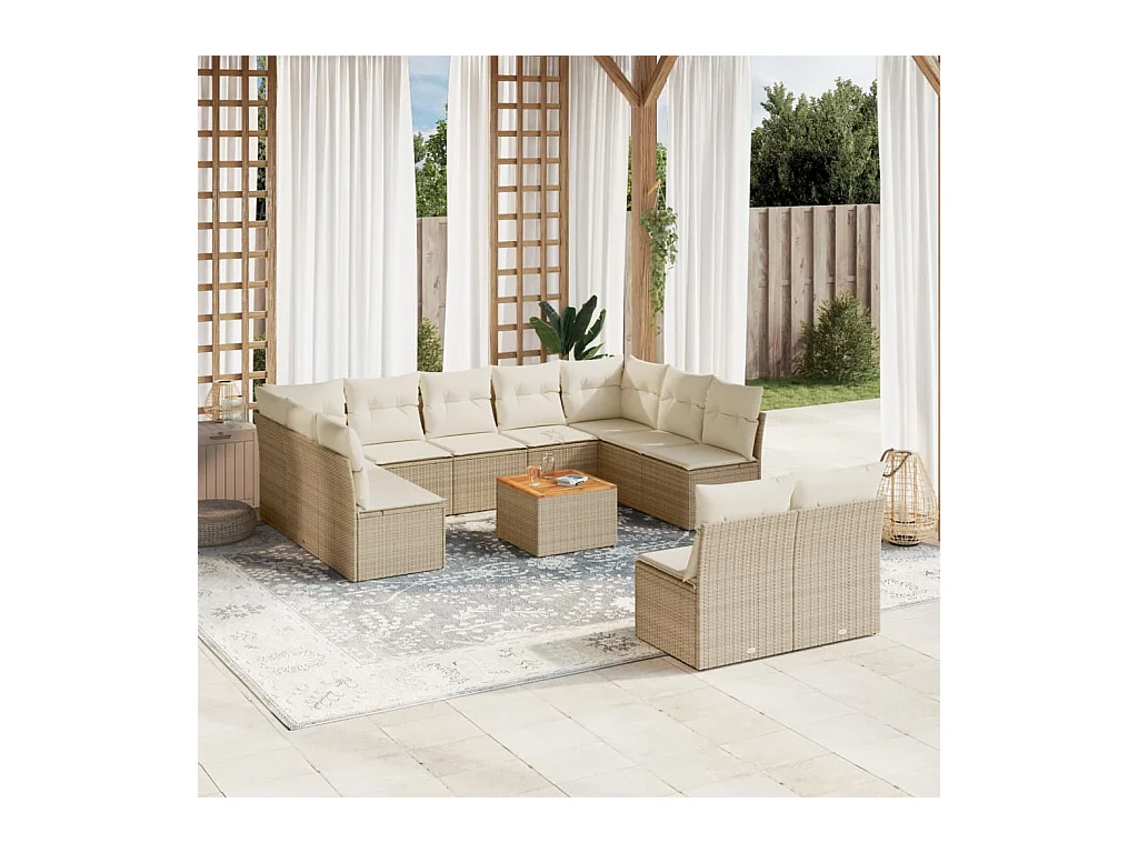 Salon de jardin avec coussins 12 pcs beige résine tressée