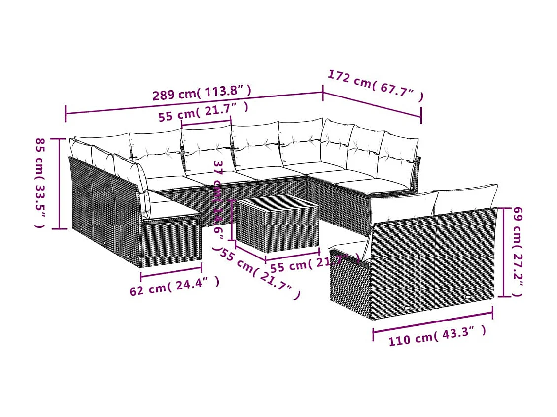 Salon de jardin avec coussins 12 pcs beige résine tressée