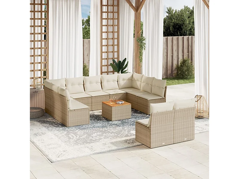 Salon de jardin avec coussins 12 pcs beige résine tressée