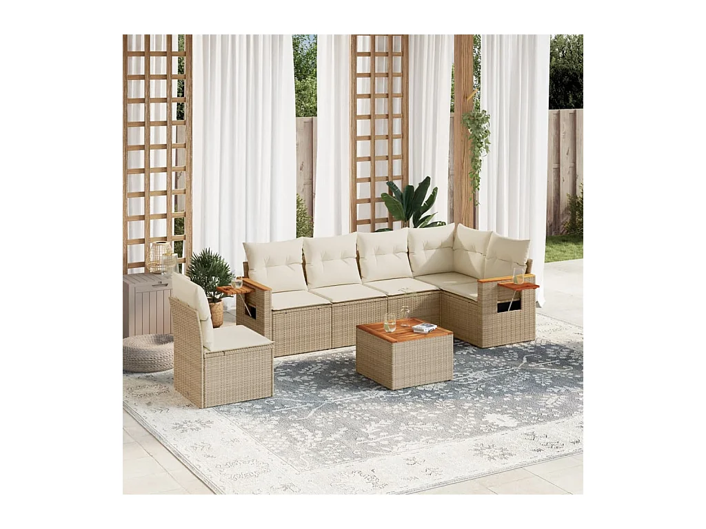 Set Divani da Giardino 7 pz con Cuscini Beige in Polyrattan