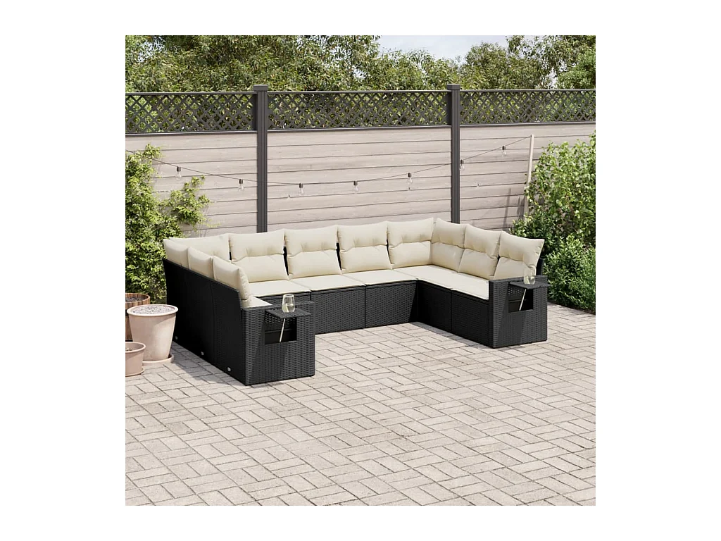 Salon de jardin 9 pcs avec coussins noir résine tressée