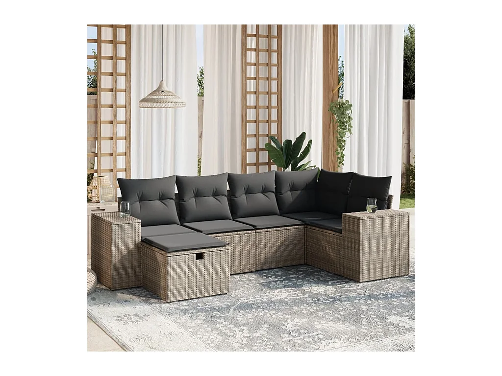 Salon de jardin 6 pcs avec coussins gris résine tressée