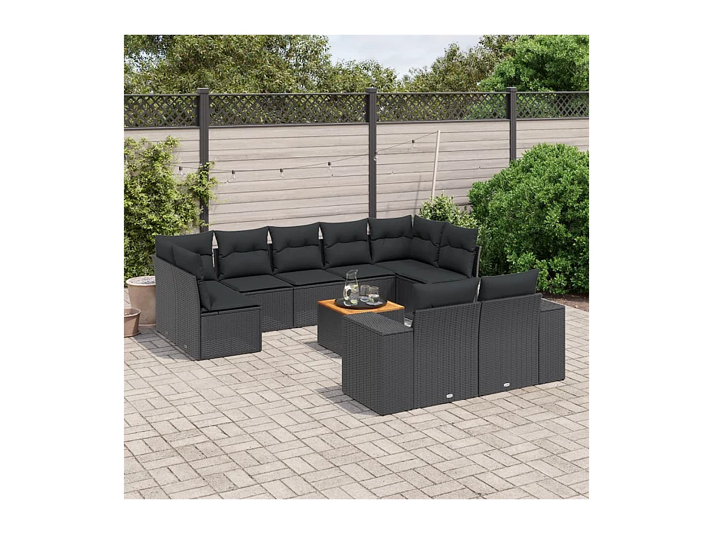 Salon de jardin 10 pcs avec coussins noir résine tressée