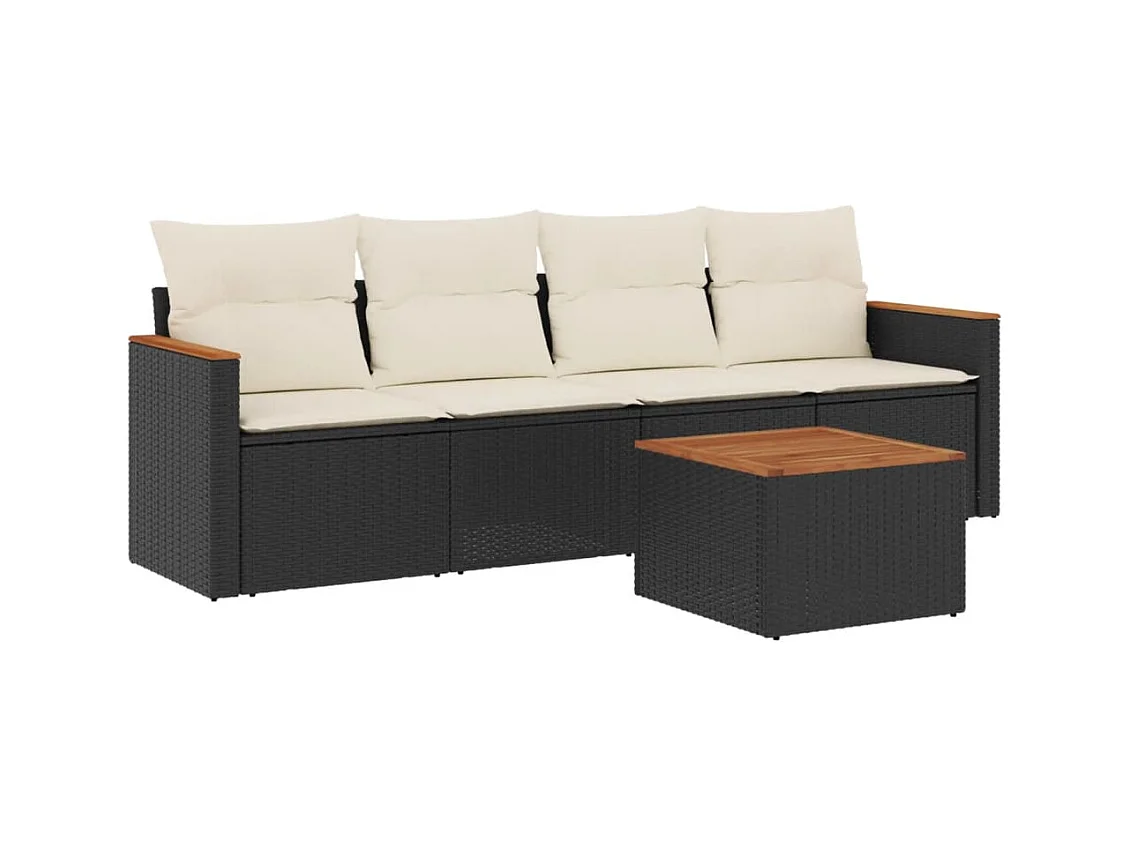 5-delige Loungeset met kussens poly rattan zwart