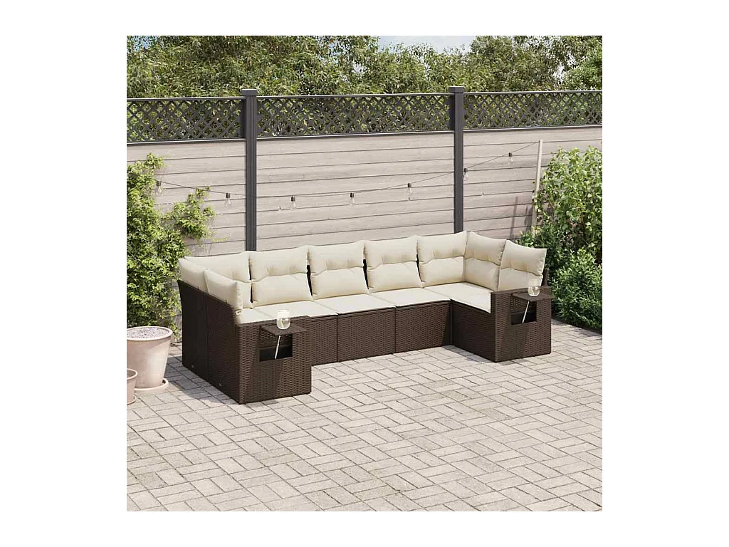 Set Divani da Giardino 7 pz con Cuscini Marrone in Polyrattan