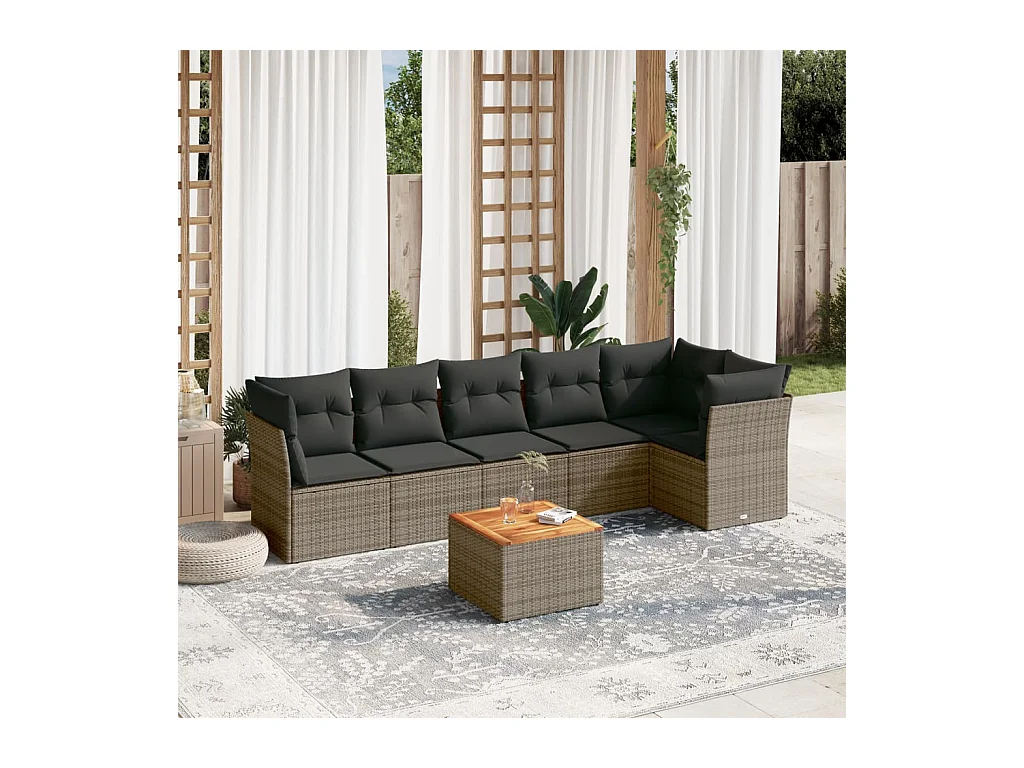 7-tlg. Garten-Sofagarnitur mit Kissen Grau Poly Rattan