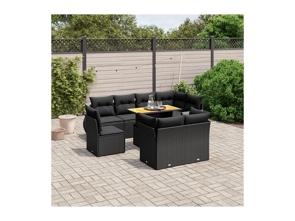 Salon de jardin 9 pcs avec coussins noir résine tressée