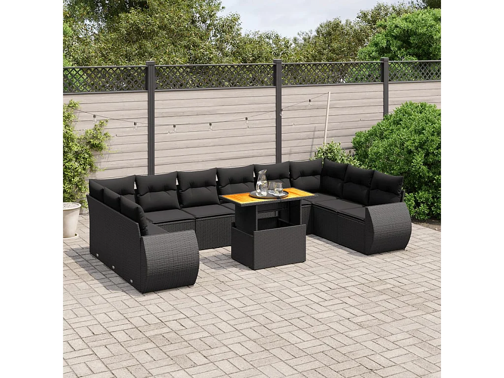 11-tlg. Garten-Sofagarnitur mit Kissen Schwarz Poly Rattan