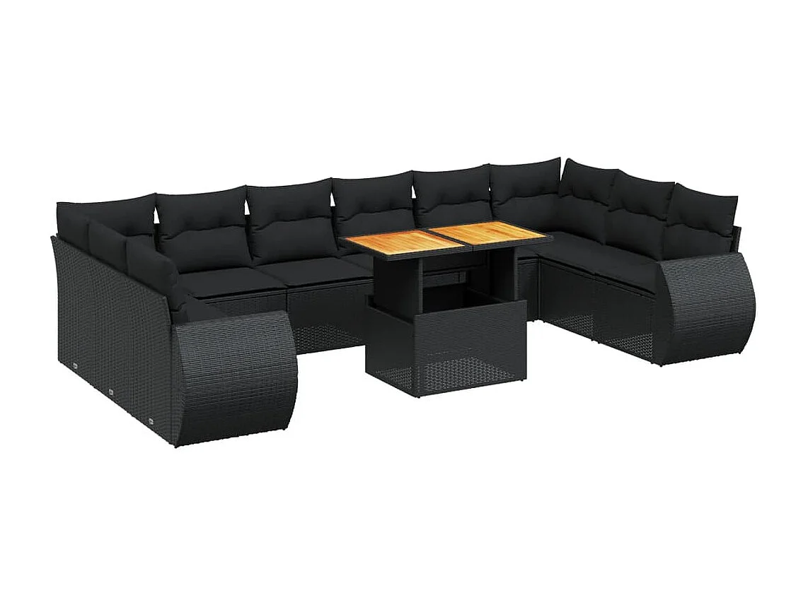 11-tlg. Garten-Sofagarnitur mit Kissen Schwarz Poly Rattan