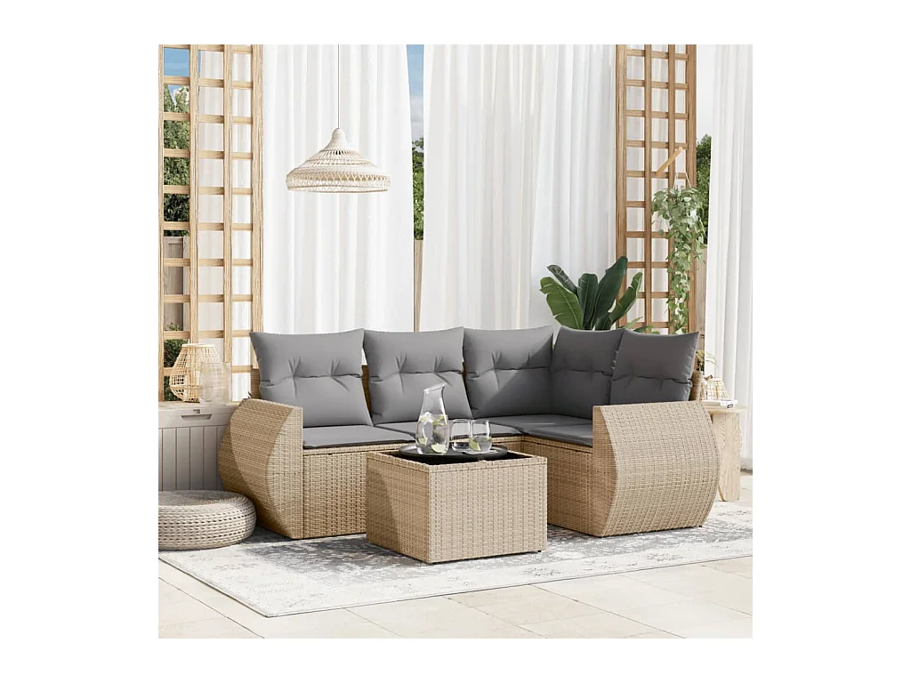 5-delige Loungeset met kussens poly rattan beige