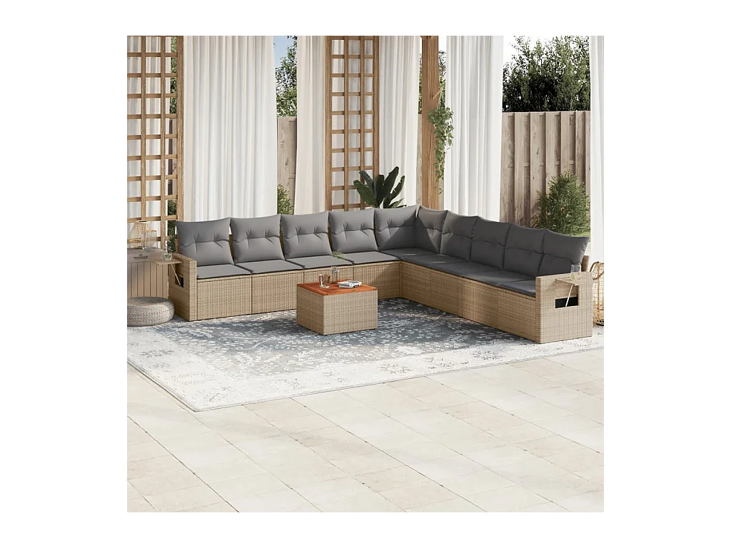 Salon de jardin et coussins 10 pcs mélange beige résine tressée