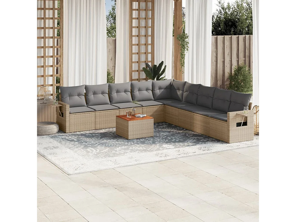 Set Divano da Giardino 10 pz con Cuscini Beige Misto Polyrattan