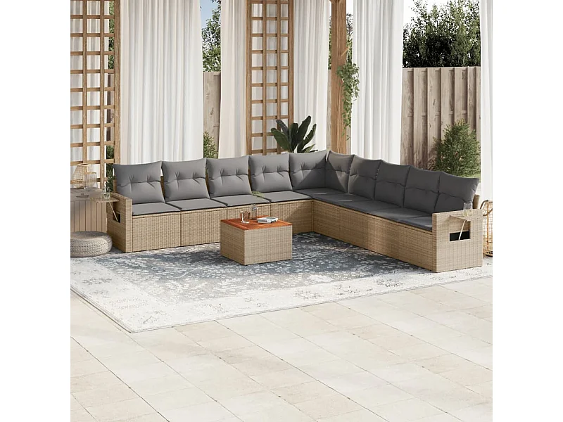 Set Divano da Giardino 10 pz con Cuscini Beige Misto Polyrattan