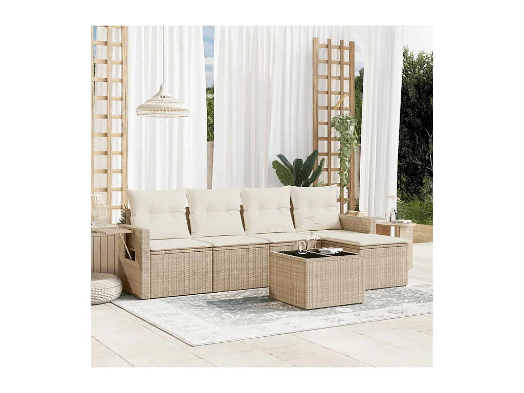 Set Divano da Giardino 6 pz con Cuscini Beige in Polyrattan