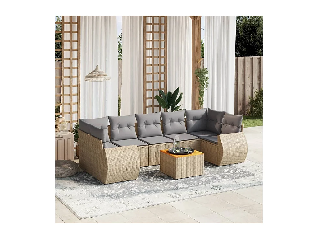 Set Divano da Giardino 8 pz con Cuscini Beige in Polyrattan