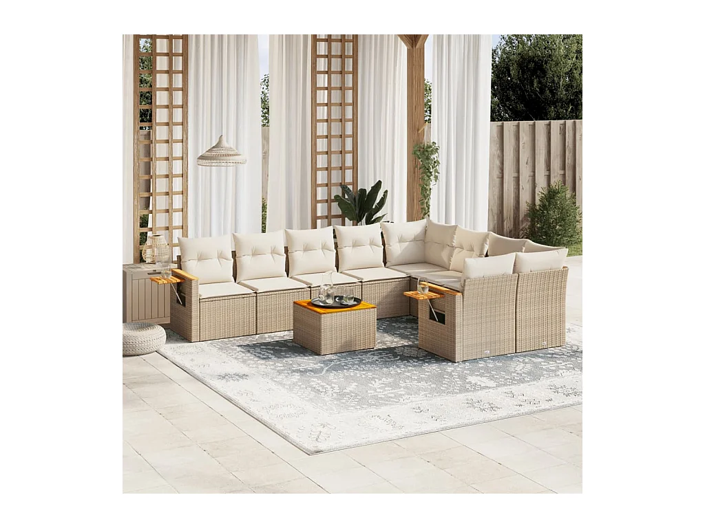 10-delige Loungeset met kussens poly rattan beige