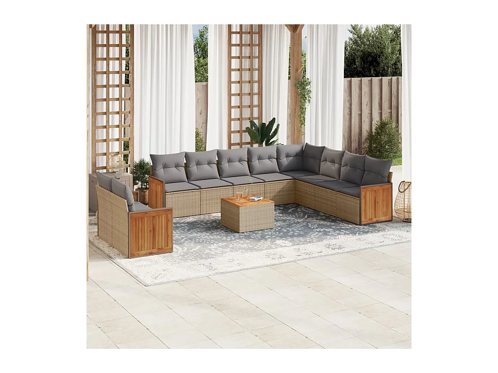 Salon de jardin 11 pcs avec coussins beige résine tressée