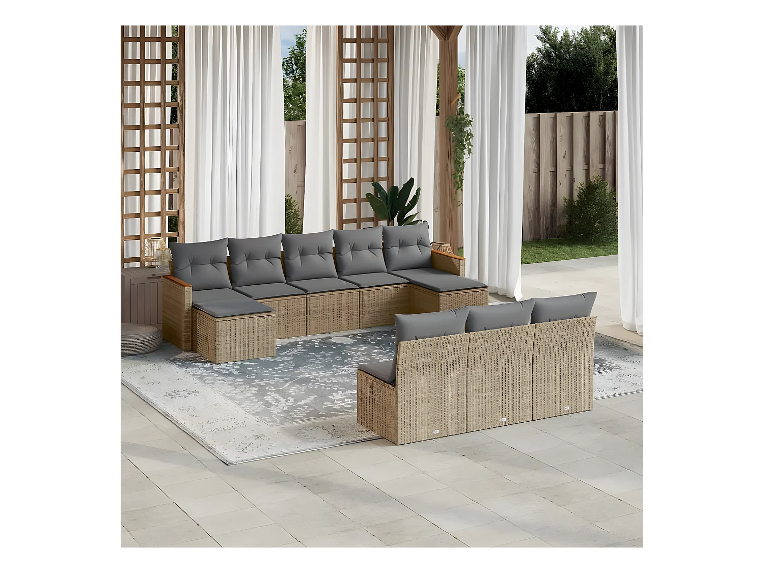 Salon de jardin avec coussins 10 pcs beige résine tressée