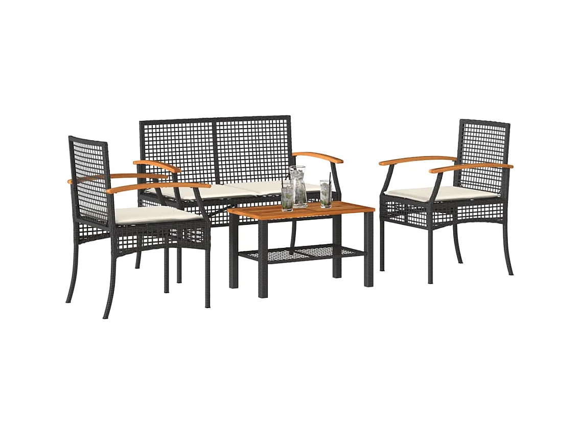 Salon de jardin 4 pcs avec coussins Noir Résine tressée