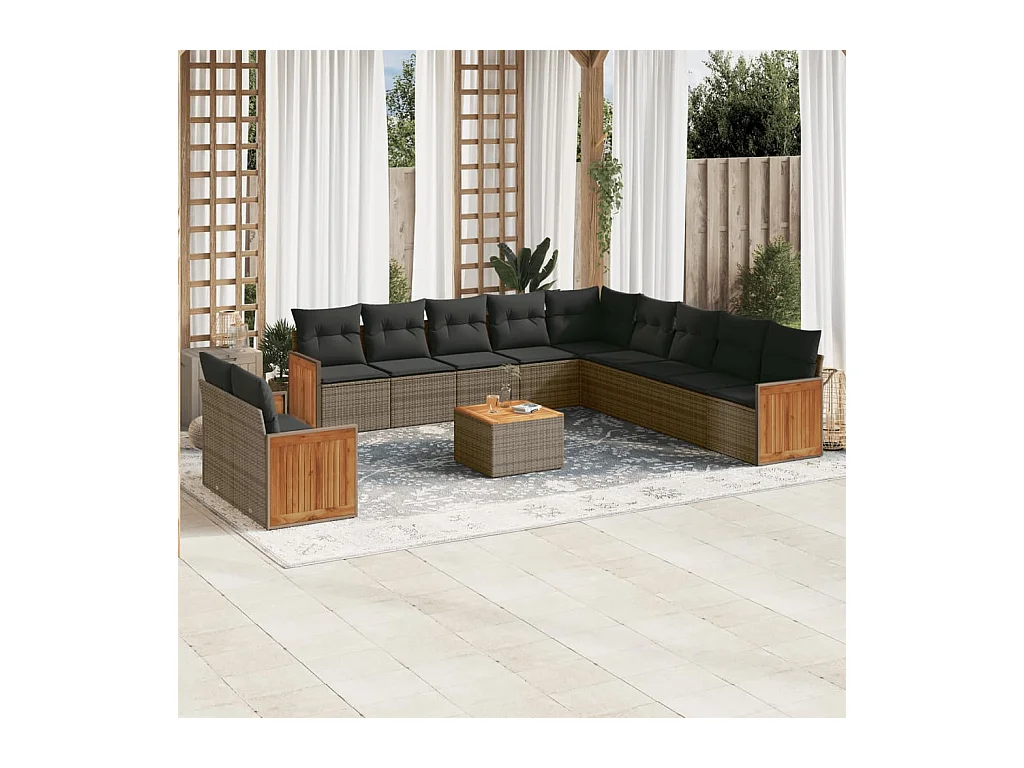 Salon de jardin avec coussins 12 pcs gris résine tressée