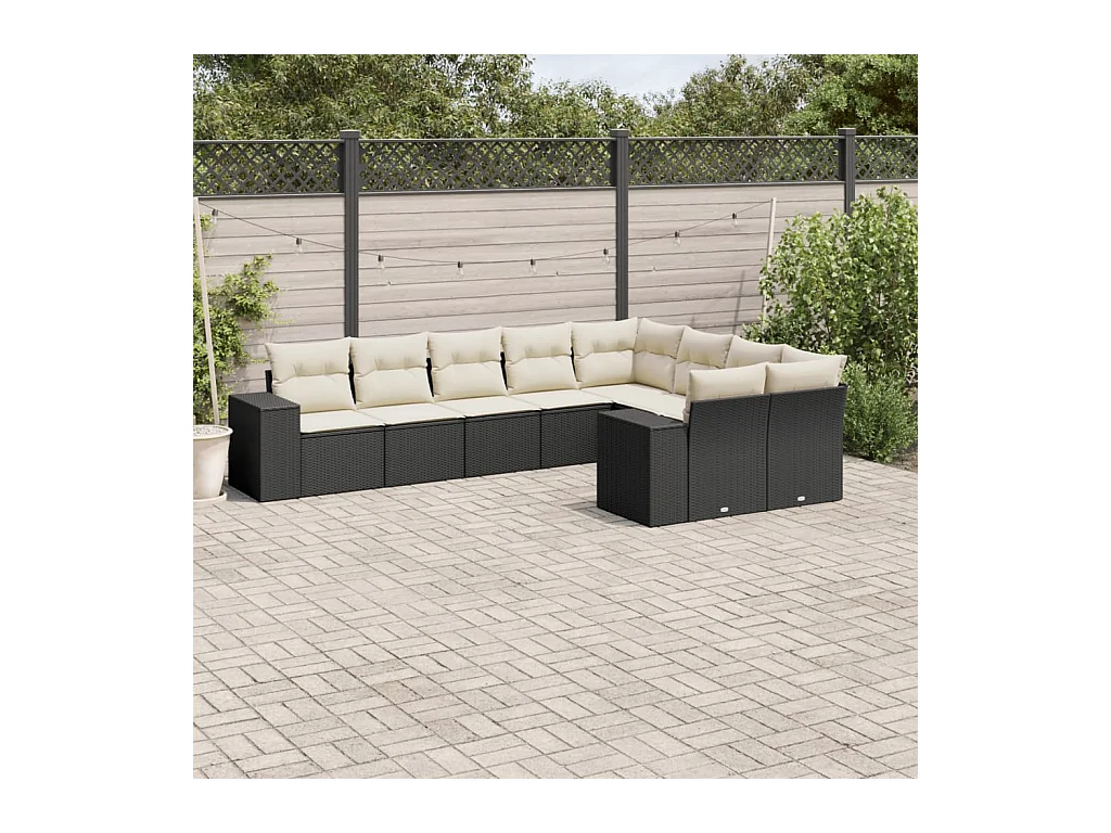 Salon de jardin 9 pcs avec coussins noir résine tressée