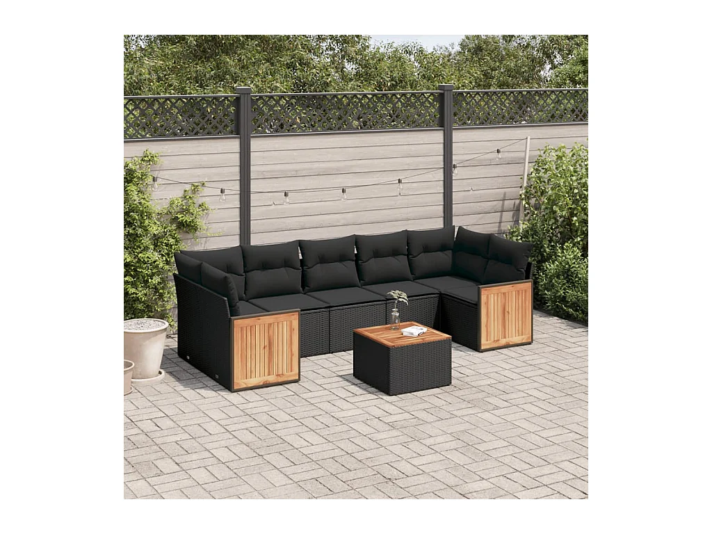Salon de jardin 8 pcs avec coussins noir résine tressée